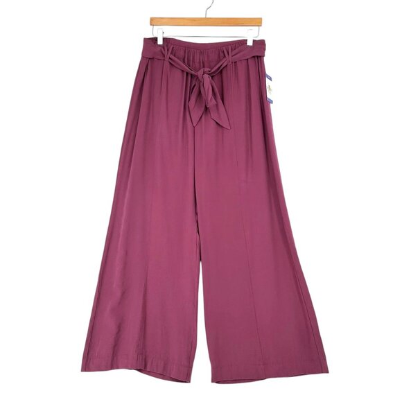 Easel Womens L Plum Mineral Wash Wide Leg Pants Elastic Waist Belted Relaxed Fit - Picture 16 of 16